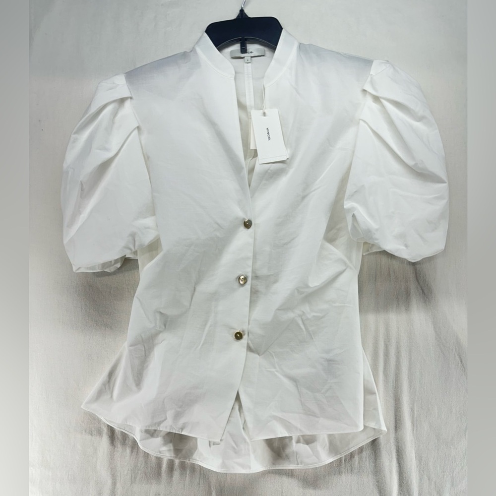 VINCE Draped Puff Sleeve Blouse Cotton Top Twisted Cutout Back White Size 2‎ NEW